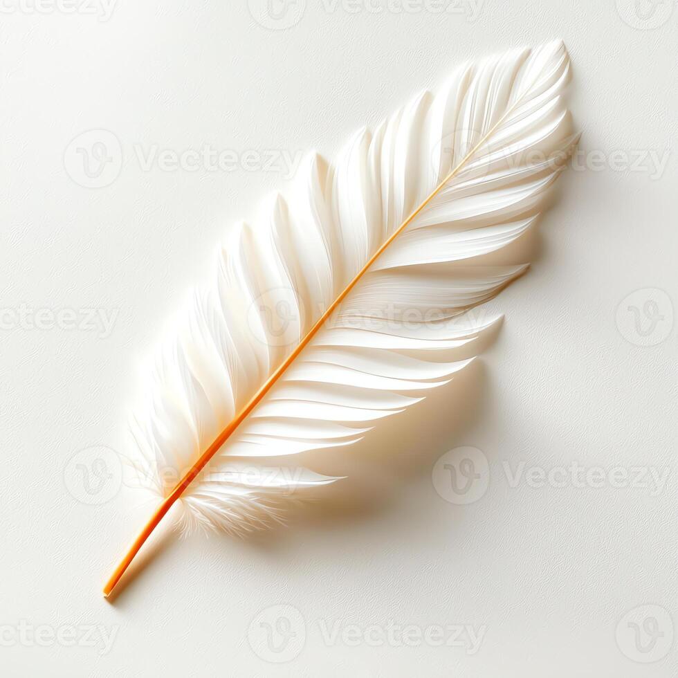 A beautifully detailed close-up of a white feather with an orange stem, showcasing its delicate structure and texture against a minimalistic background. Perfect for nature lovers. photo