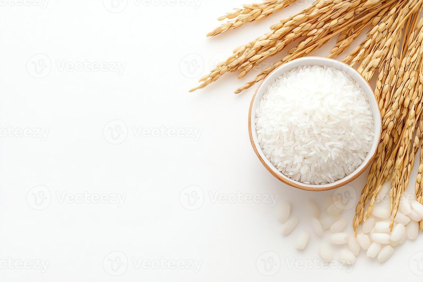 A bowl of pristine white rice sits beside golden rice stalks, showcasing the beauty of natural grains. This image emphasizes freshness and the essence of healthy cooking. photo