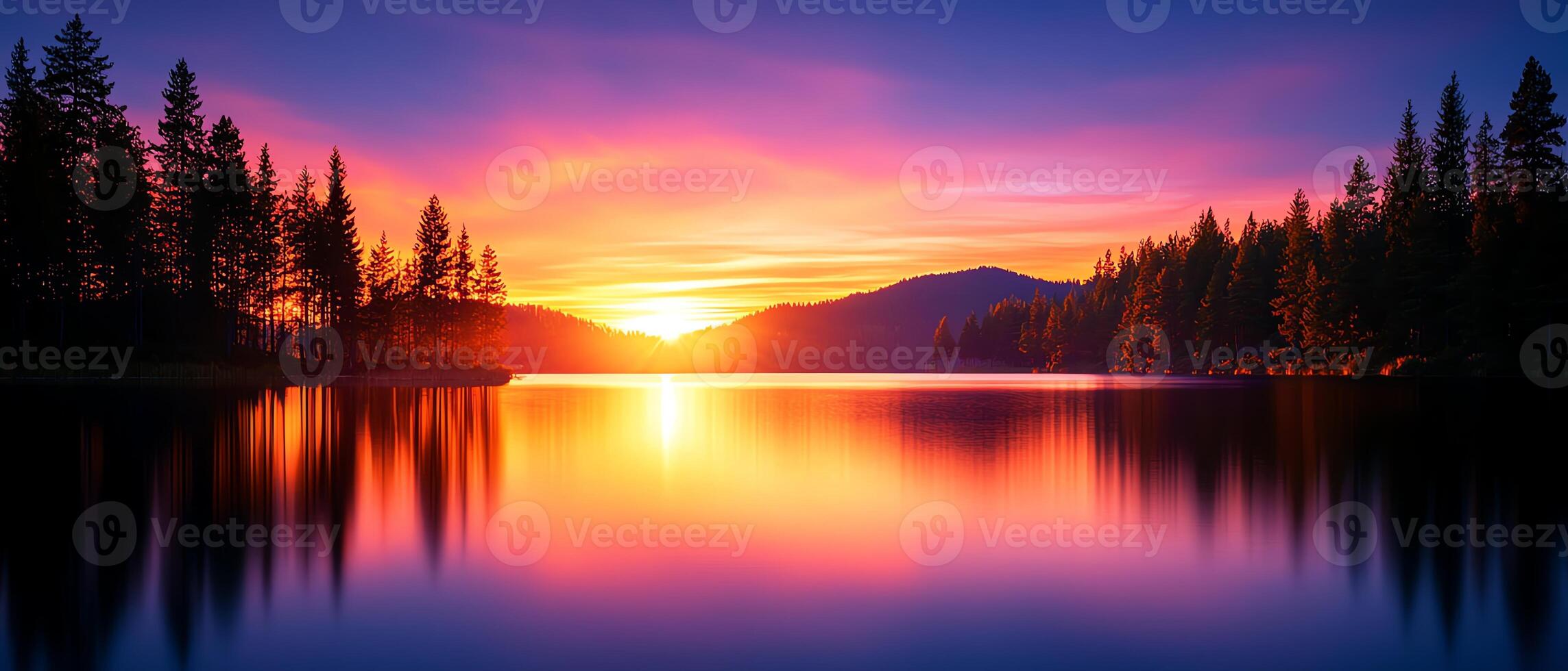 A breathtaking sunset over a serene lake, surrounded by majestic trees and mountains. The vibrant colors reflect beautifully on the water, creating a tranquil and peaceful scene. photo