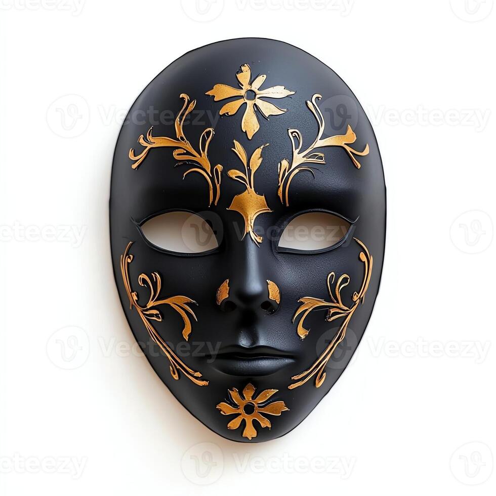 A beautifully crafted black mask adorned with intricate gold patterns, representing an artful blend of tradition and creativity. Perfect for cultural events or artistic displays. photo