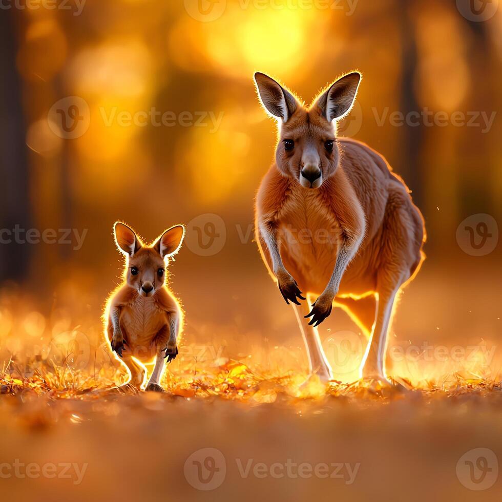 A captivating scene of a kangaroo and its joey gracefully hopping through a golden-hued landscape. The warm colors create a serene atmosphere, showcasing the beauty of wildlife. photo