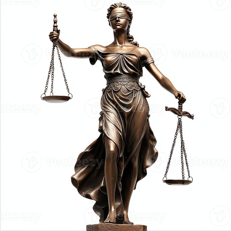 A bronze statue of Lady Justice, depicting the balance scales and blindfold, symbolizing fairness and equality in law. This iconic figure represents justice around the world. photo