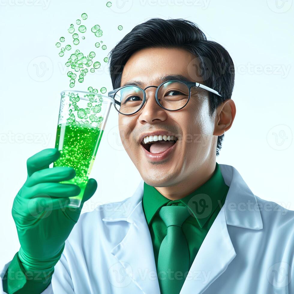 A cheerful scientist holds a glass full of green liquid with bubbles, showcasing excitement and joy in research photo