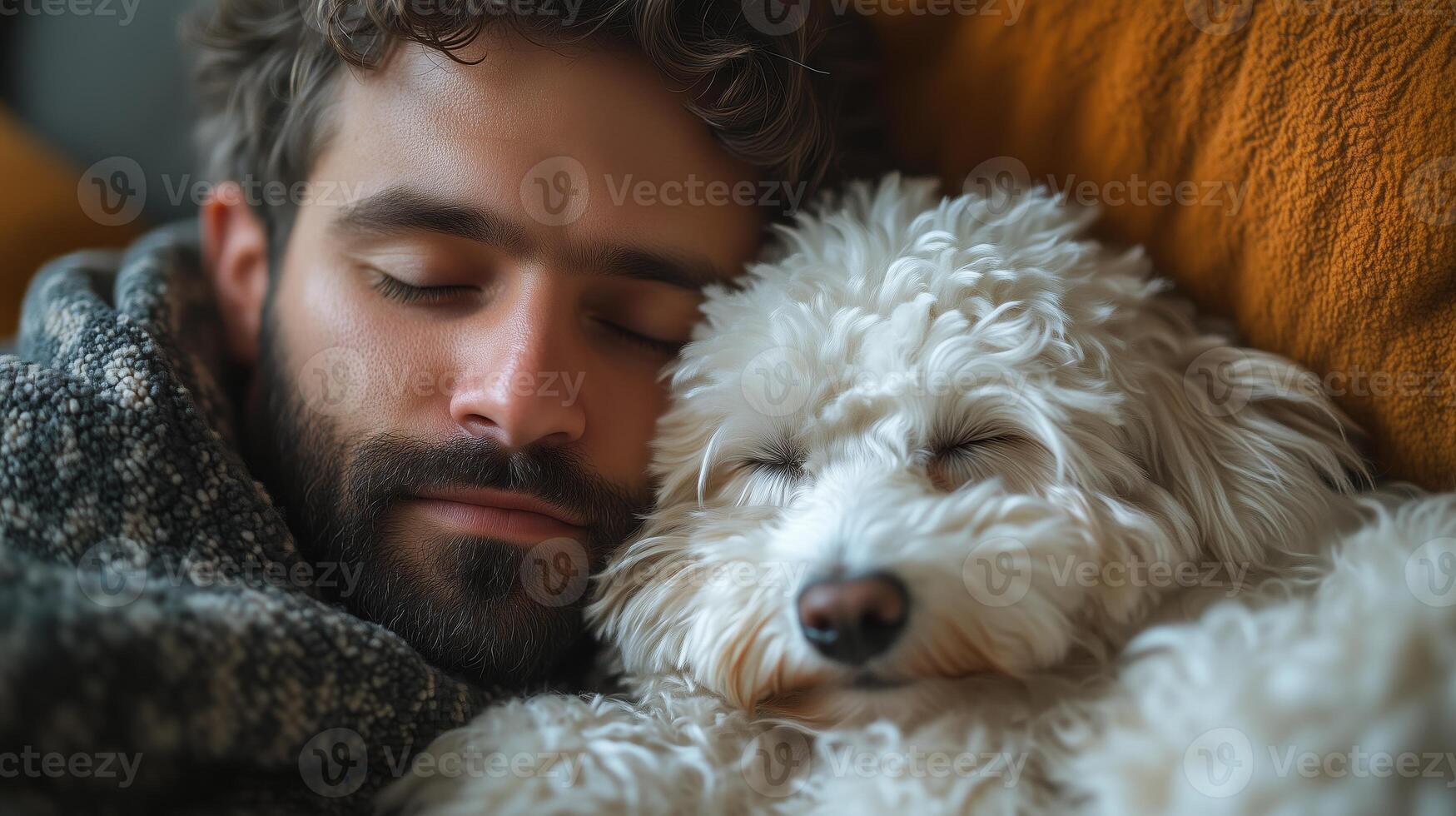 A man with a beard and a dog sleeping together photo