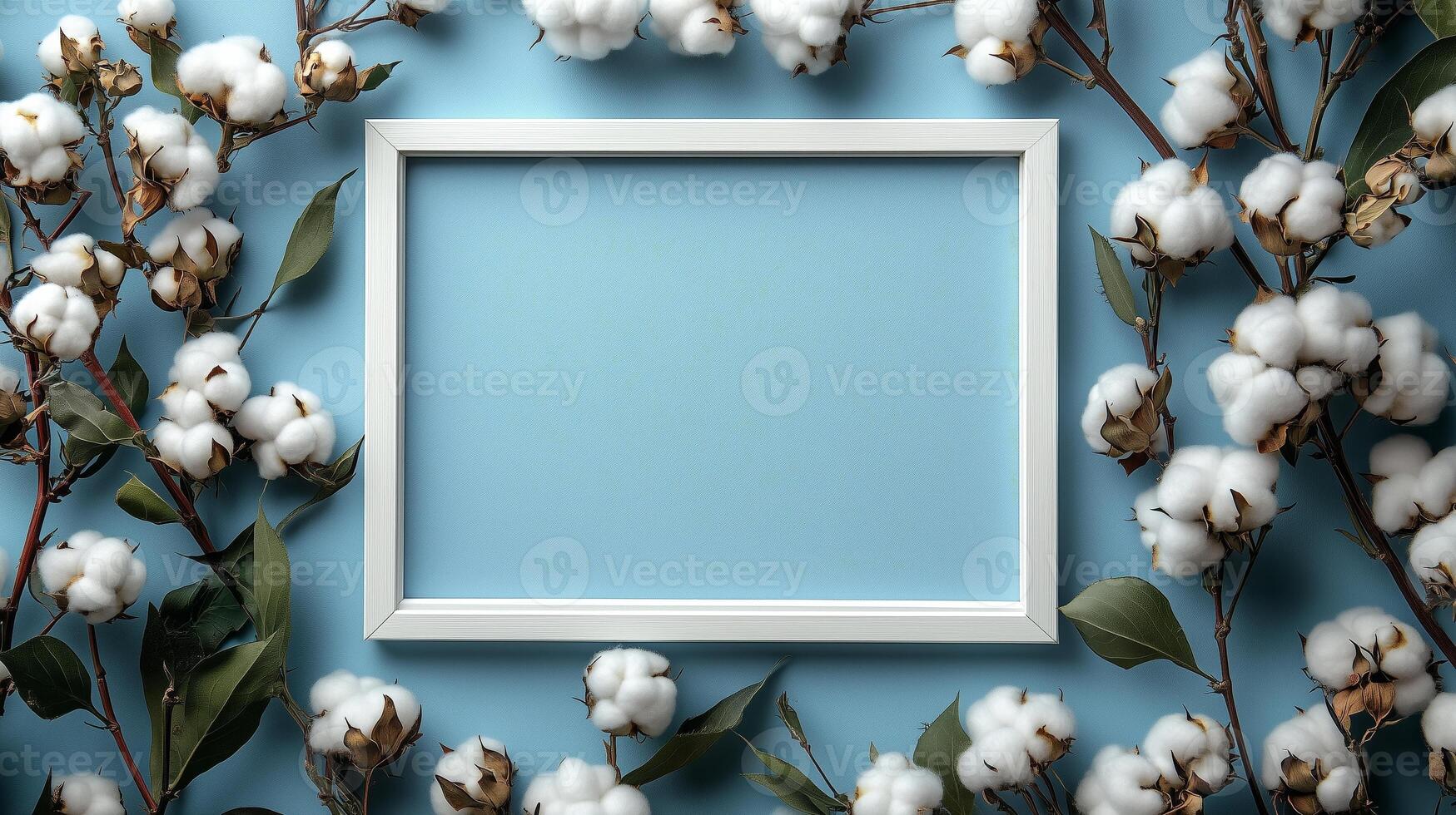 Cotton flowers and frame on blue background photo