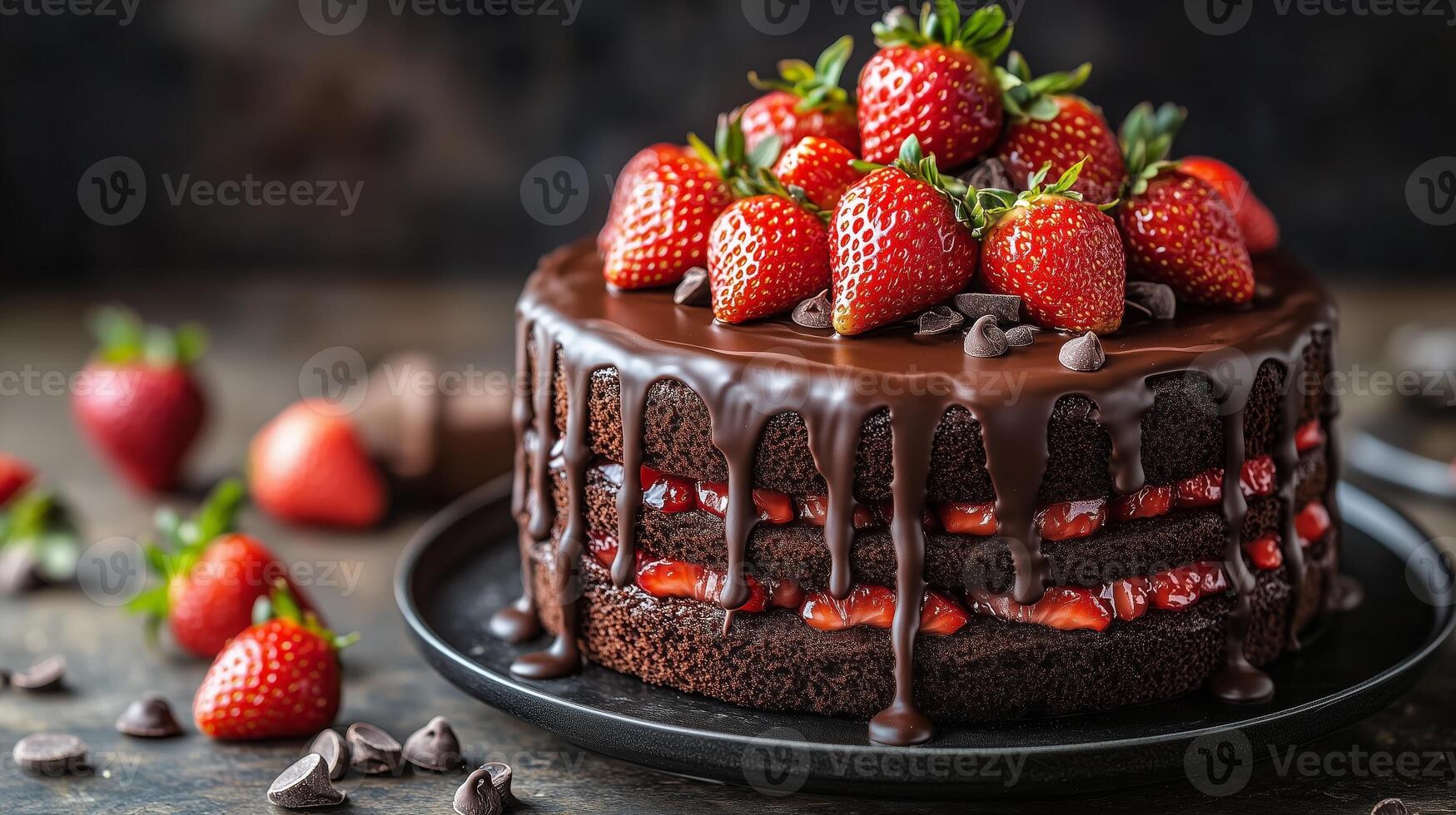 A chocolate cake with strawberries on top photo
