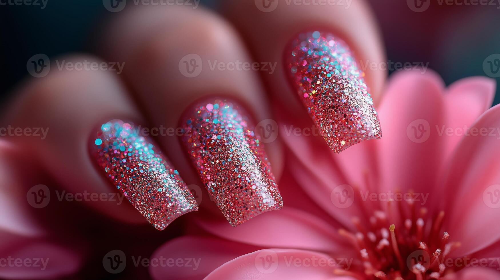 A woman's hand holding a pink flower with glitter on it photo