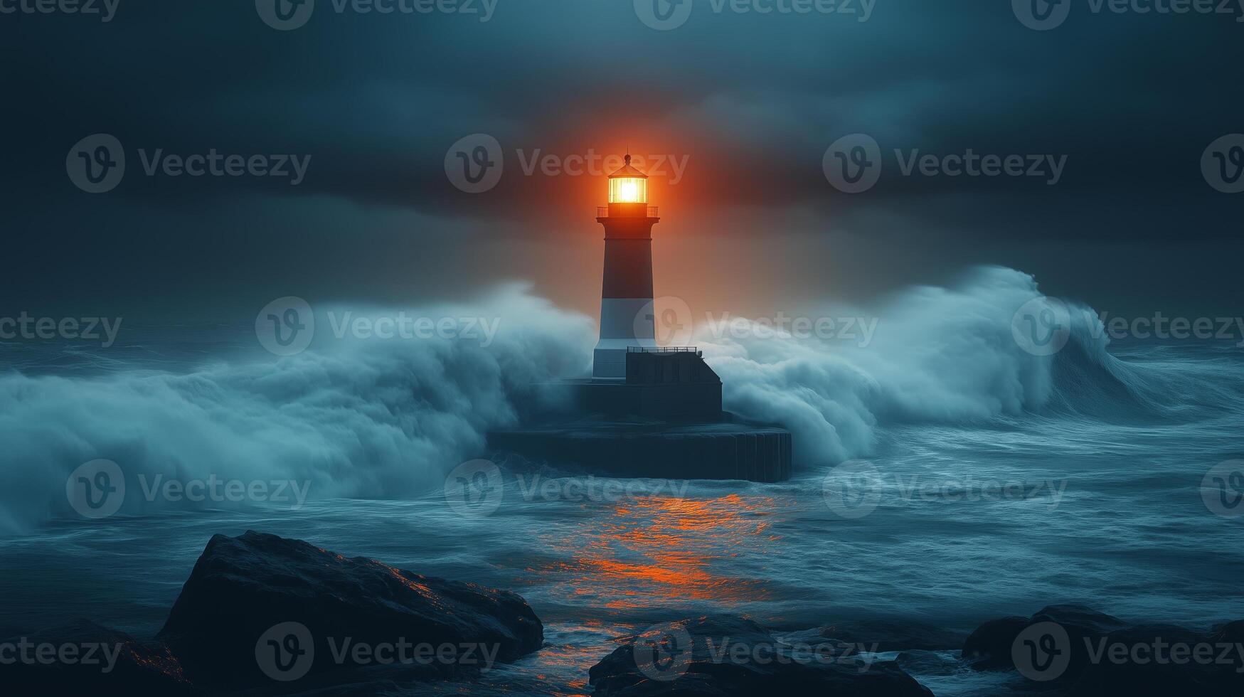 Dramatic lighthouse amidst stormy ocean and dark clouds photo