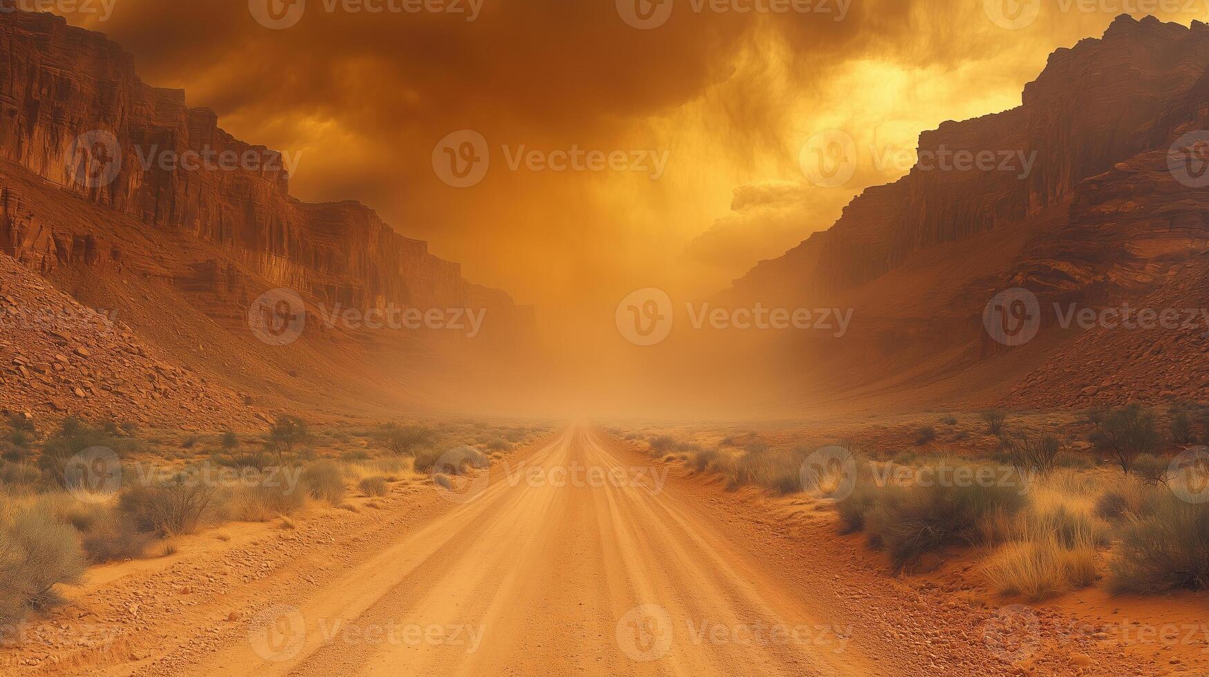 A dirt road in the desert with a cloudy sky photo