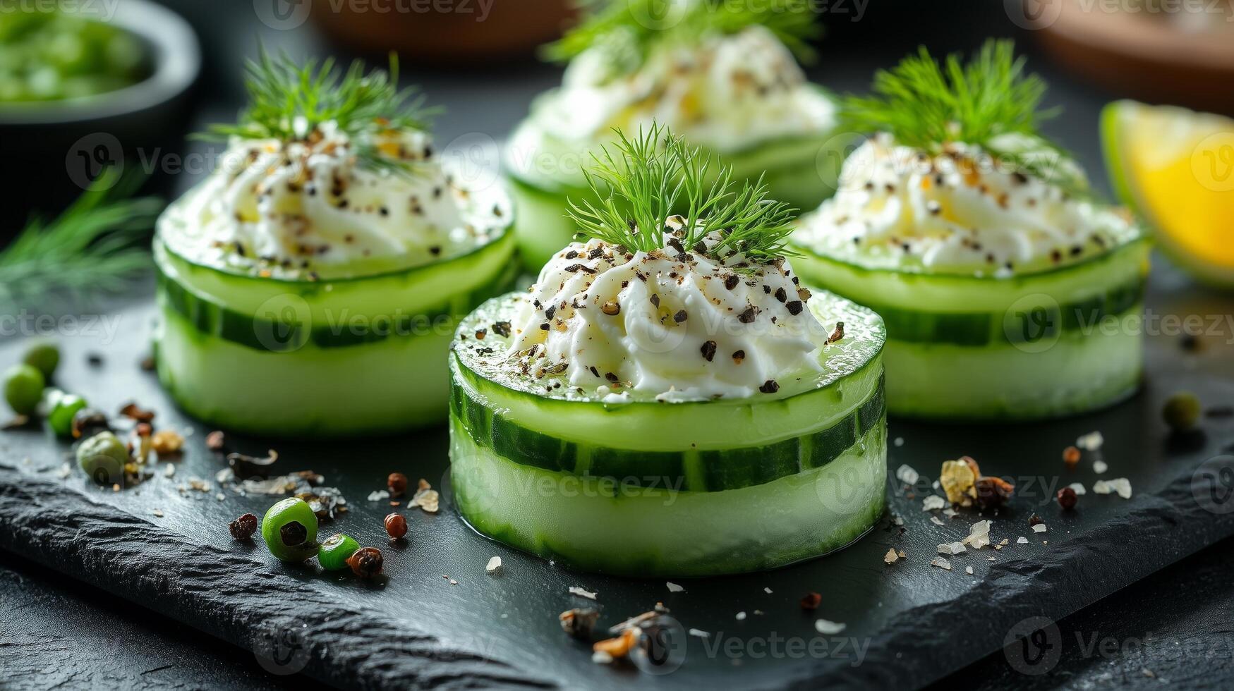 Cucumber slices with cream and herbs on a black slate photo
