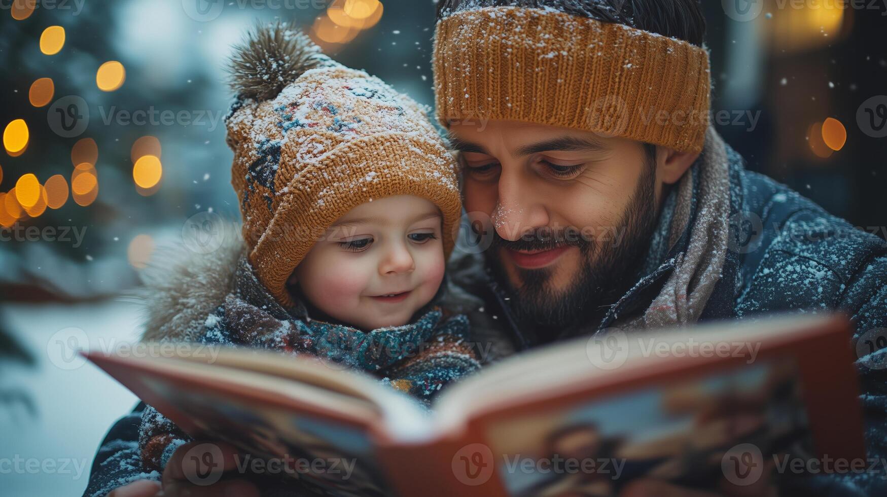 Dad reads stories to his two daughters at Christmas evening photo