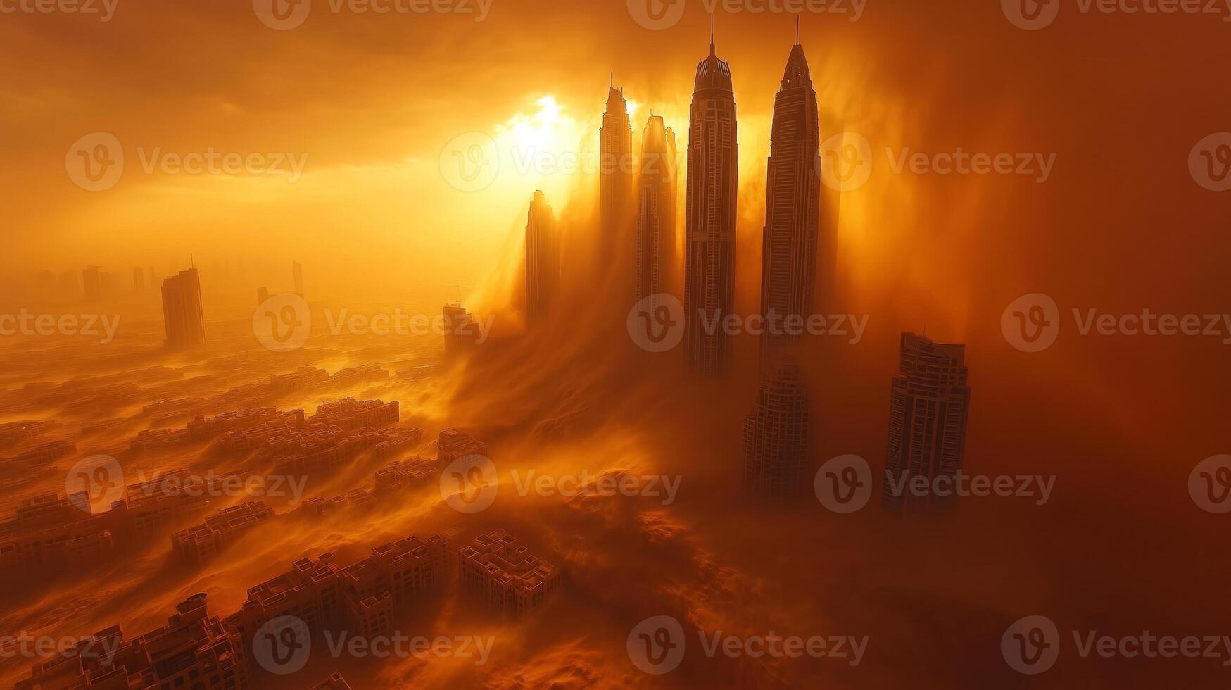 A city in the middle of a desert with smoke coming out of it photo