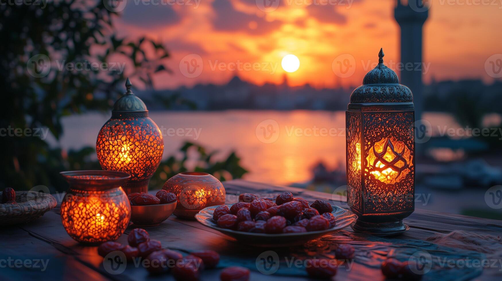 A table with a lantern and some fruit on it photo