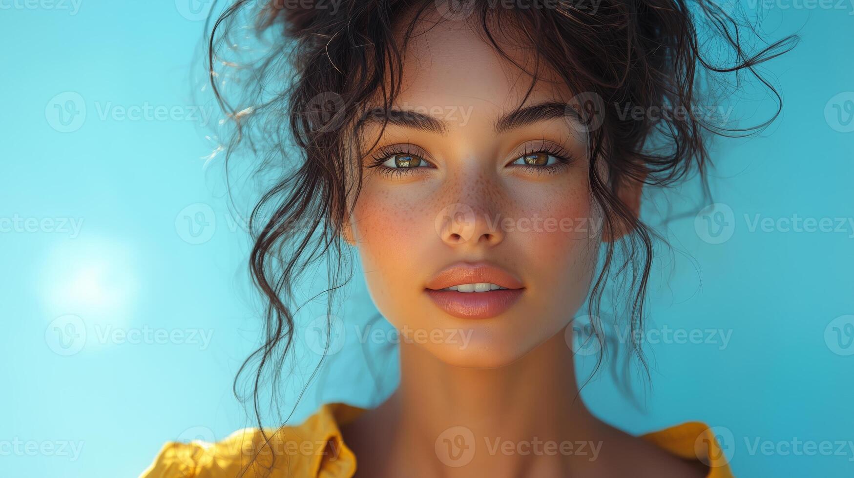 A beautiful woman with a yellow shirt and brown hair photo