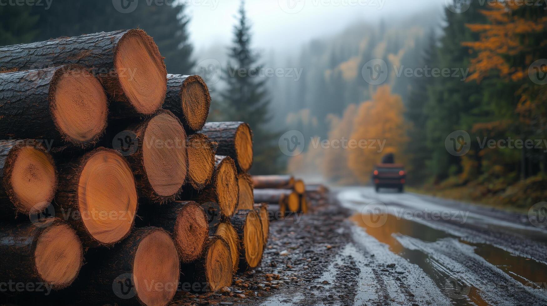 A truck drives down a road with logs stacked on top photo