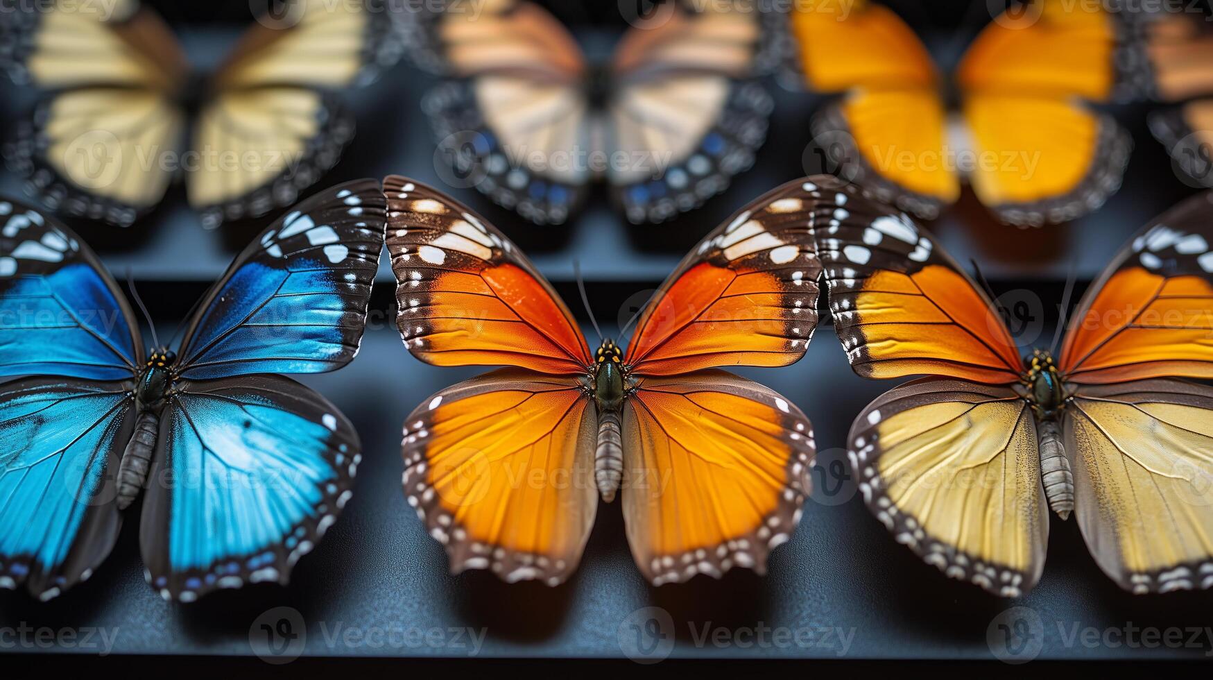 A group of colorful butterflies are arranged in a row photo