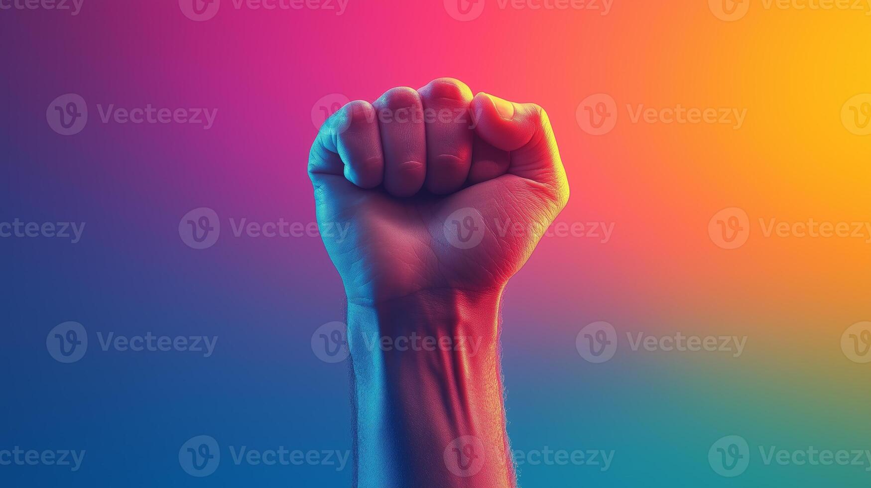 A fist is raised up in the air on a colorful background photo