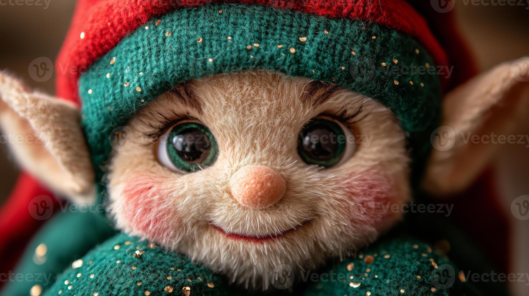 A close up of a stuffed elf with green eyes photo