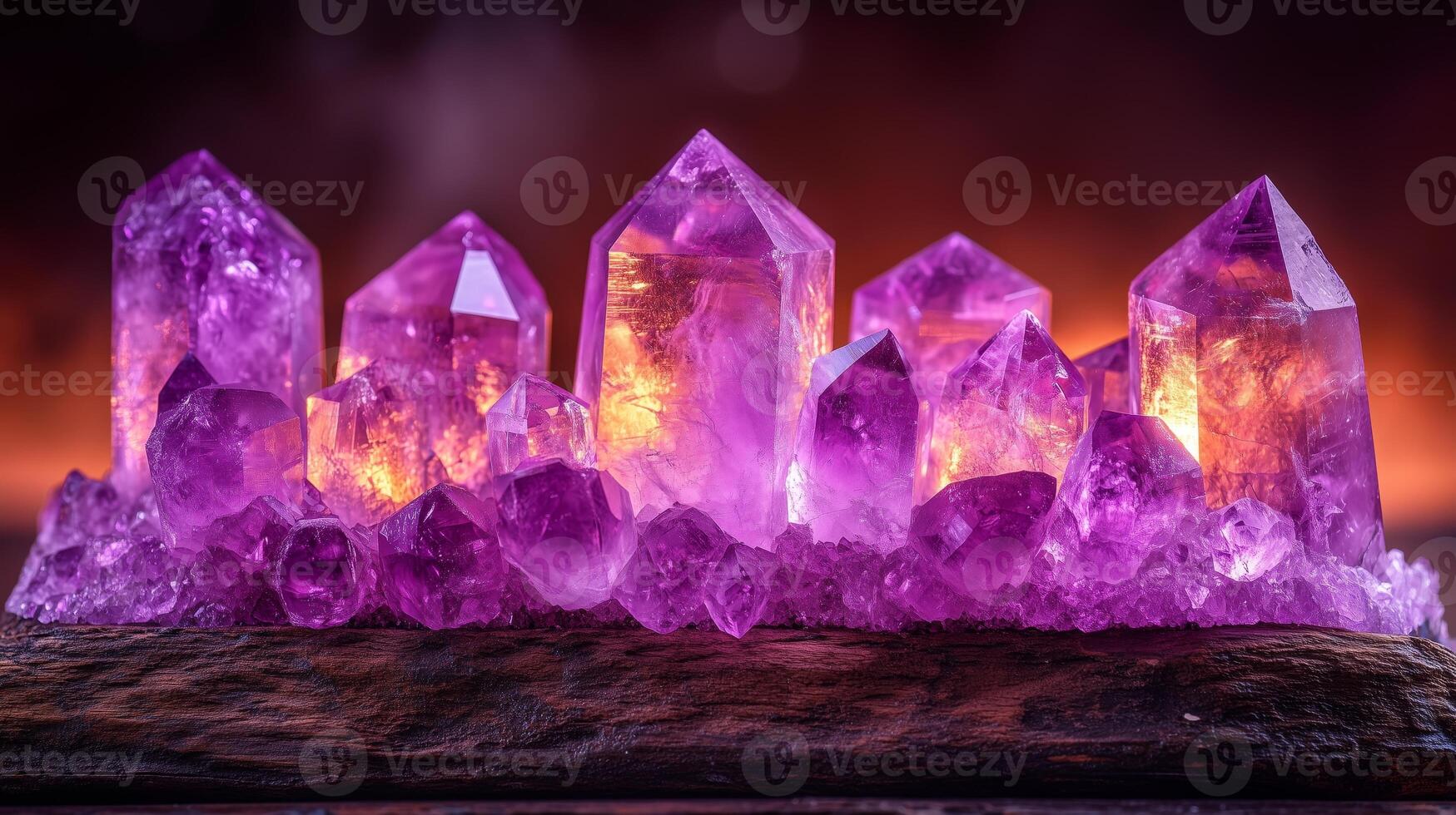 Amethyst crystals on a wooden base photo