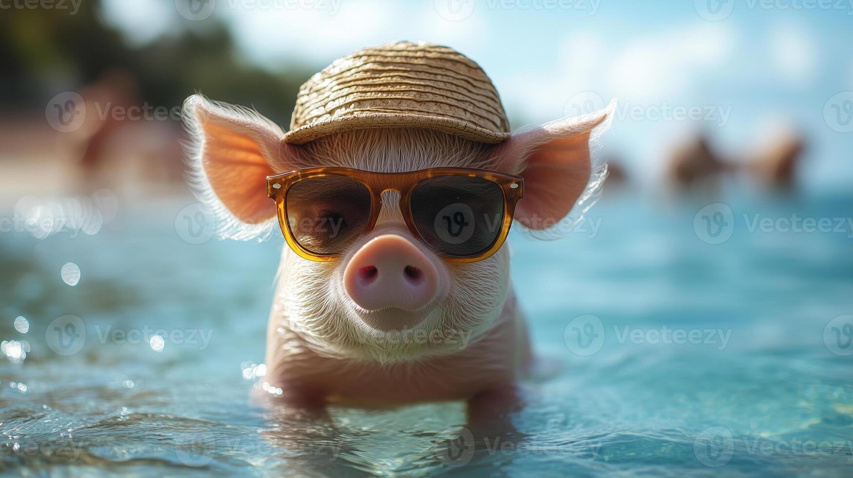 A Pig with hat and sunglasses surfing in the blue clear water photo