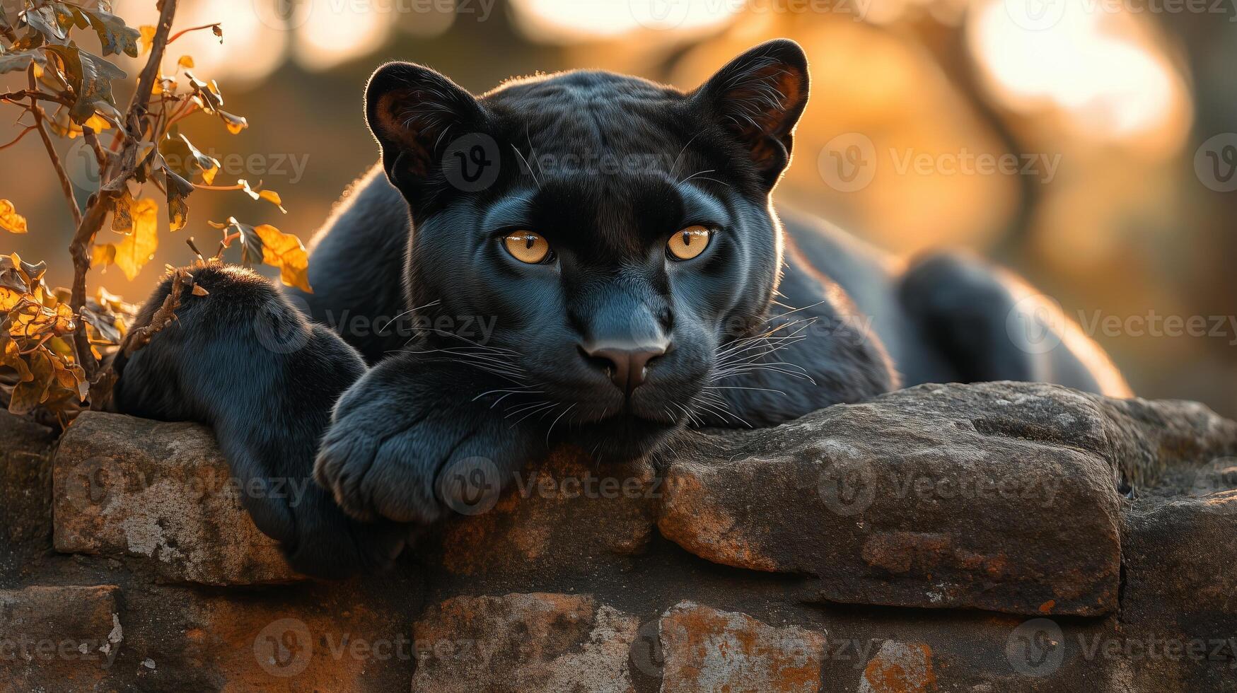 Black panther rests on ancient stone structure photo