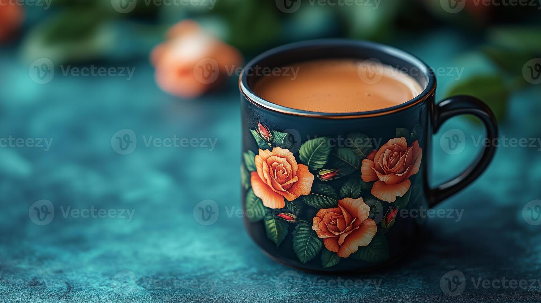 Coffee mug with roses on blue background photo