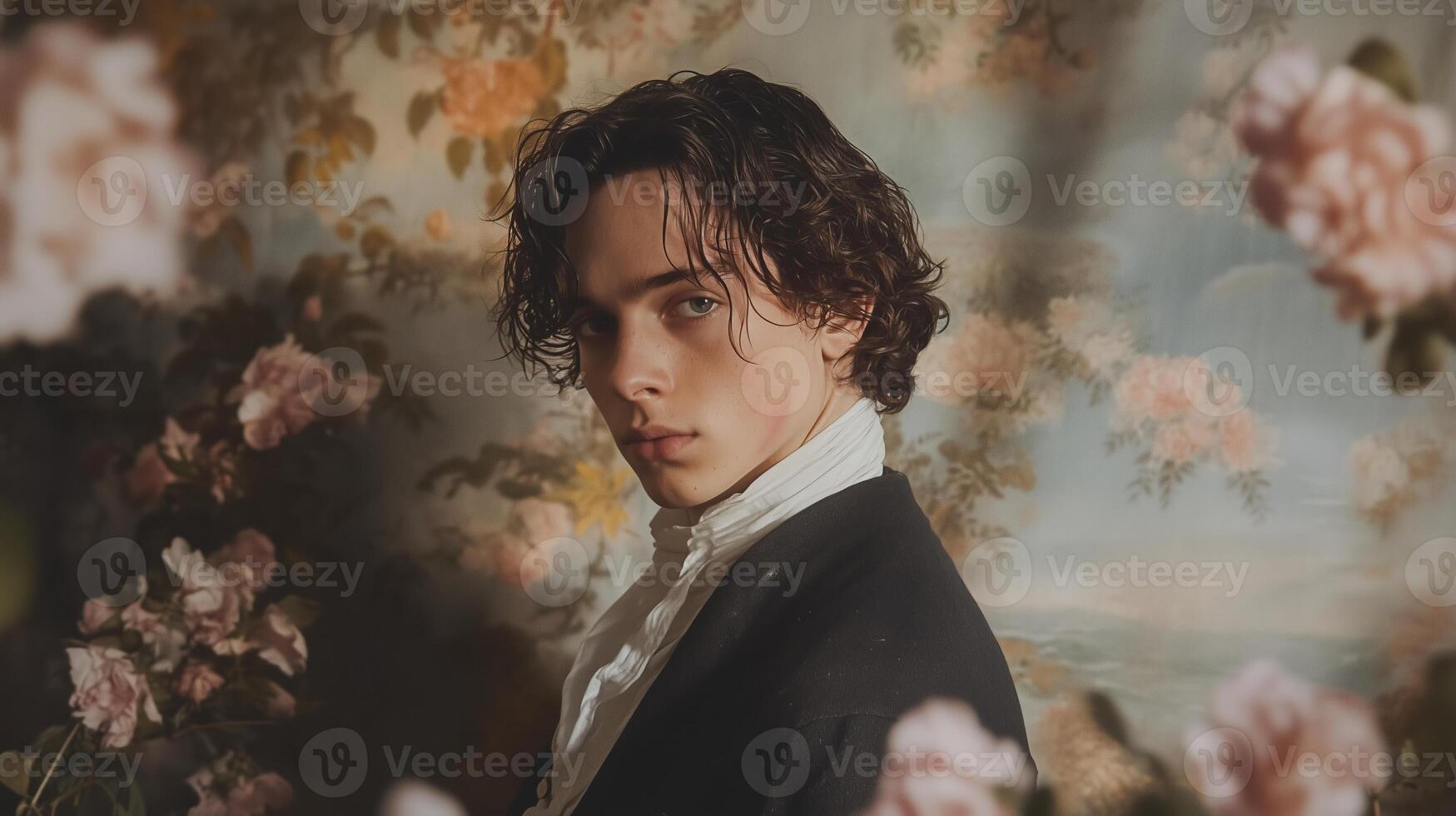 A man with curly hair and a white shirt is standing in front of a floral wall photo