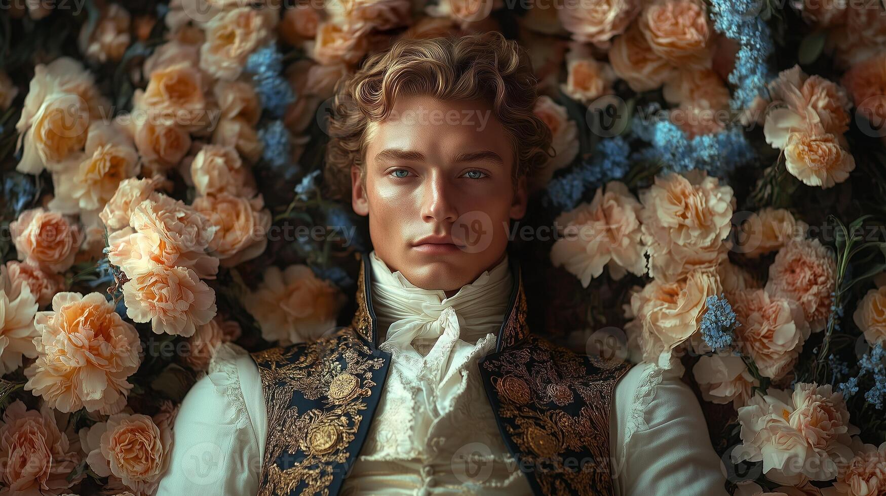 A man in a white dress laying in a bed of flowers photo