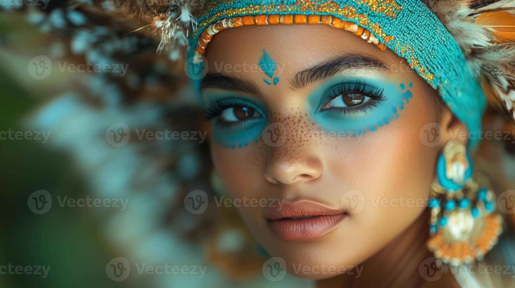 A beautiful woman with blue makeup and feathers photo