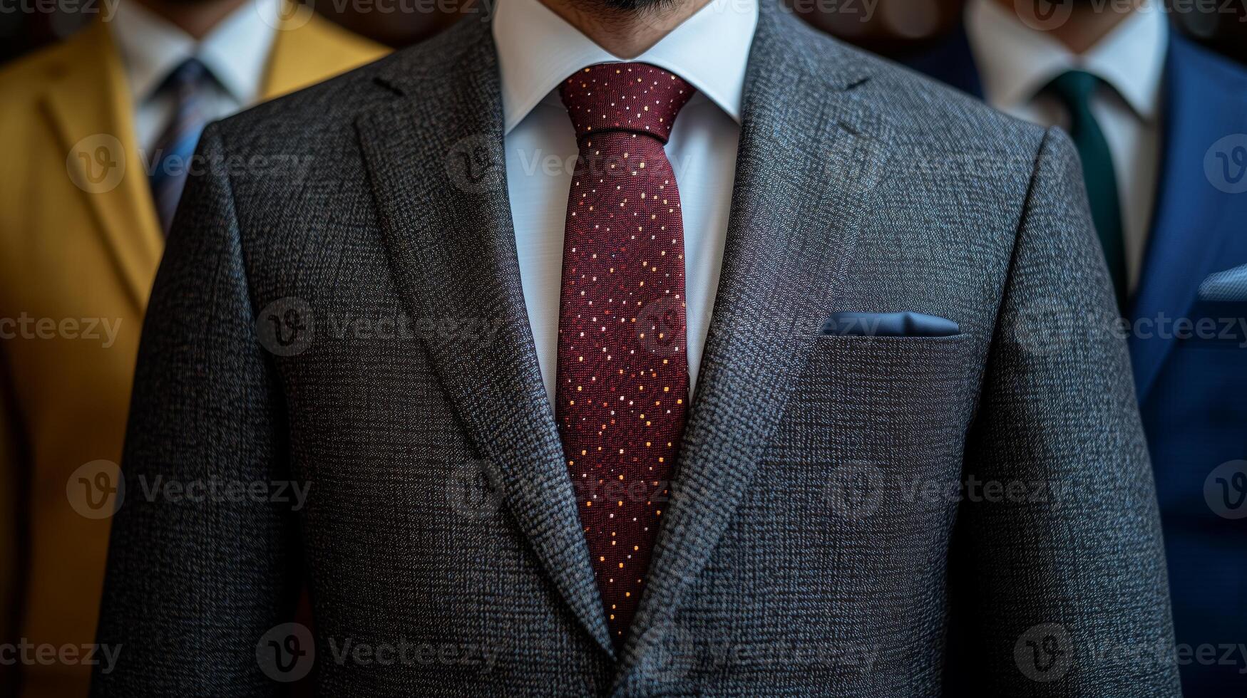 A man in a suit and tie standing next to three other men photo