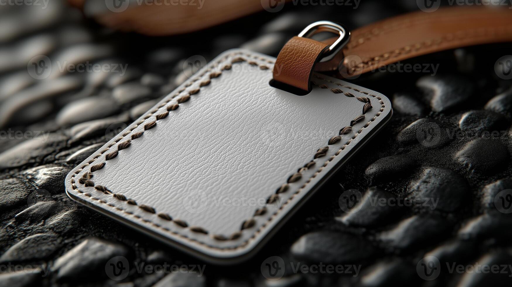 A white leather luggage tag on a black surface photo