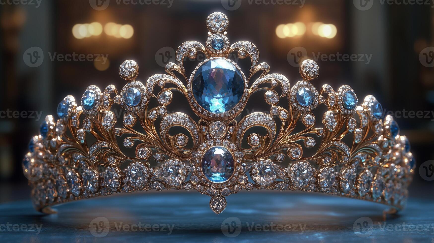 The tiara is made of blue and white diamonds photo