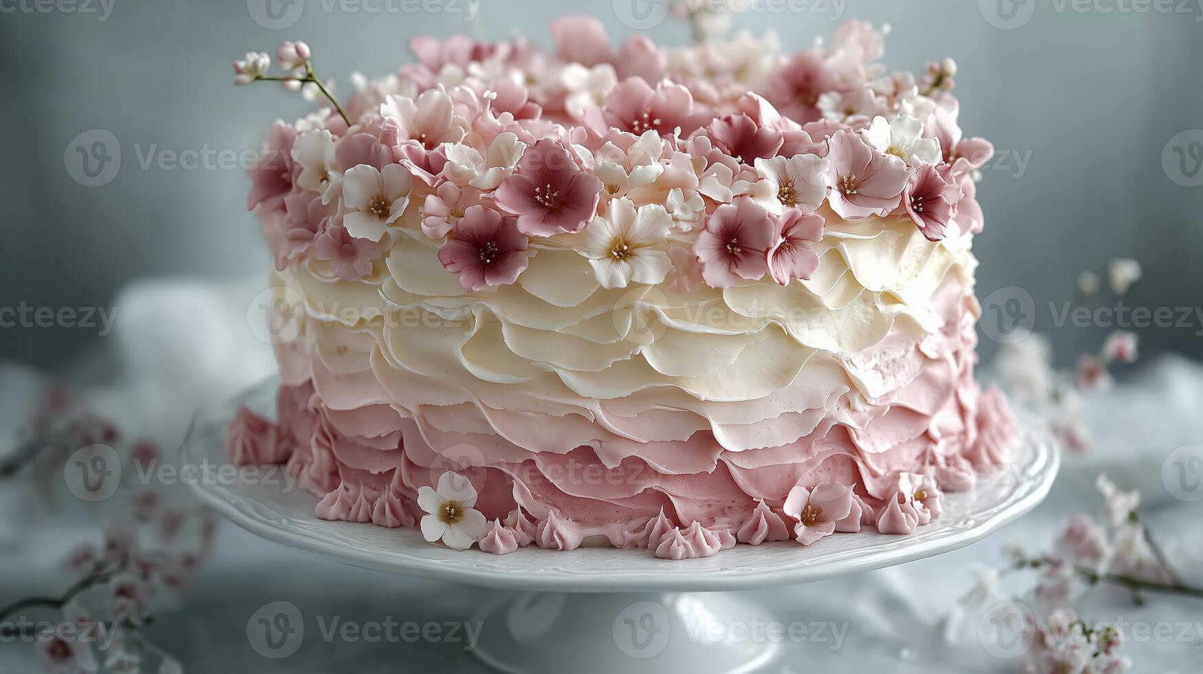 A pink and white cake with flowers on top photo