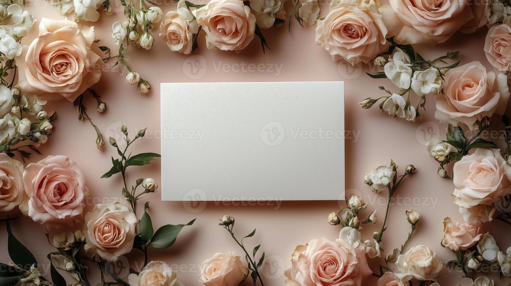 A blank card surrounded by pink roses on a pink background photo