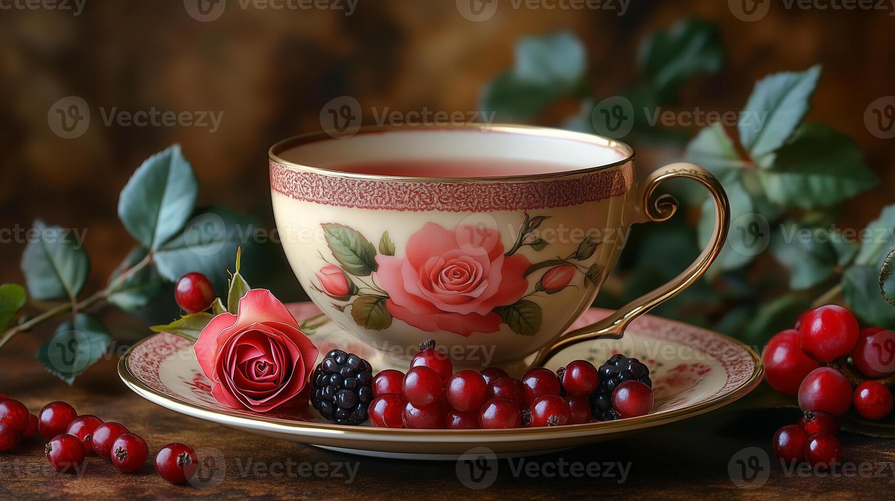 A cup and saucer with red roses and berries photo
