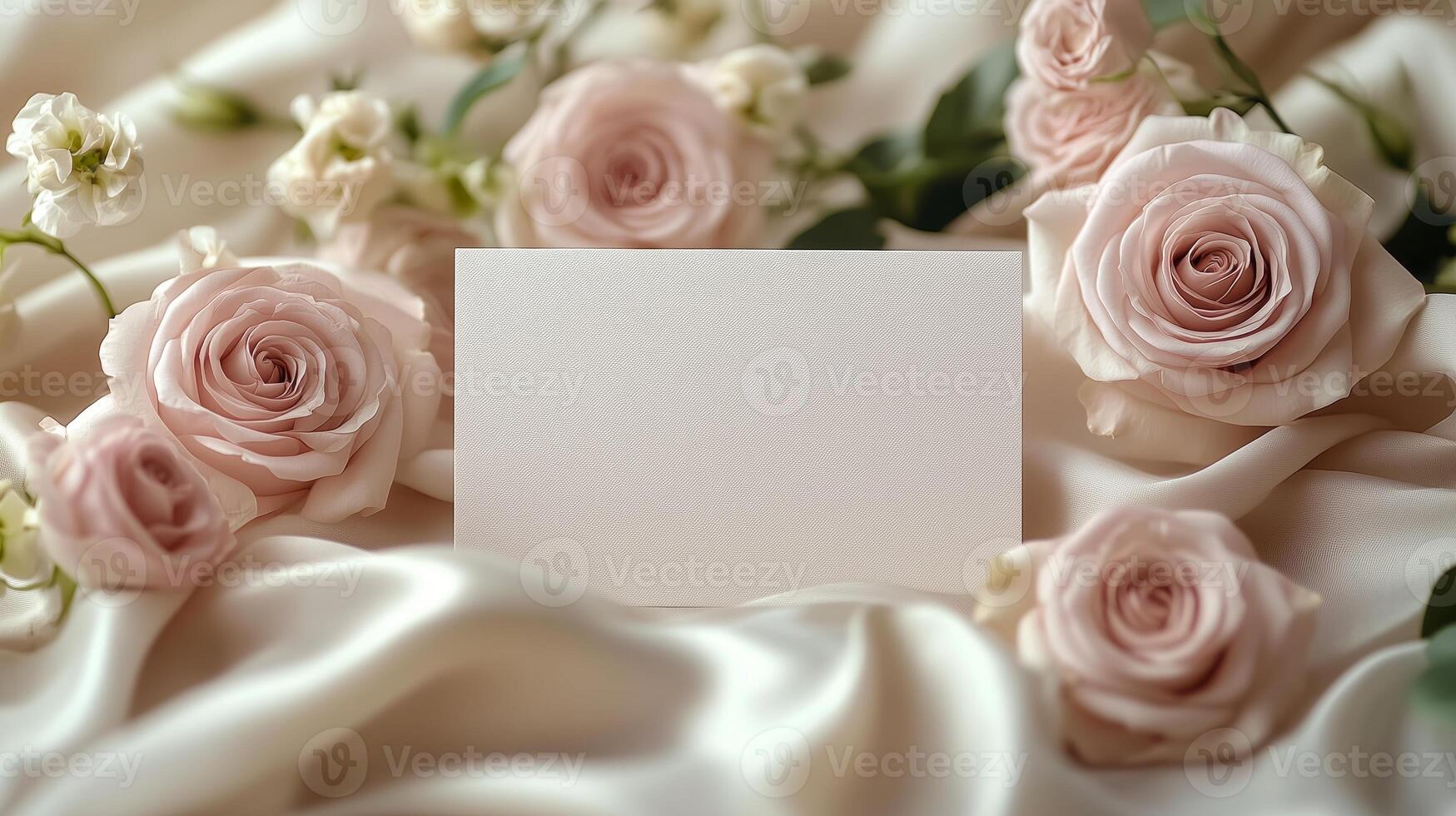 A blank card is placed on a table with pink roses photo