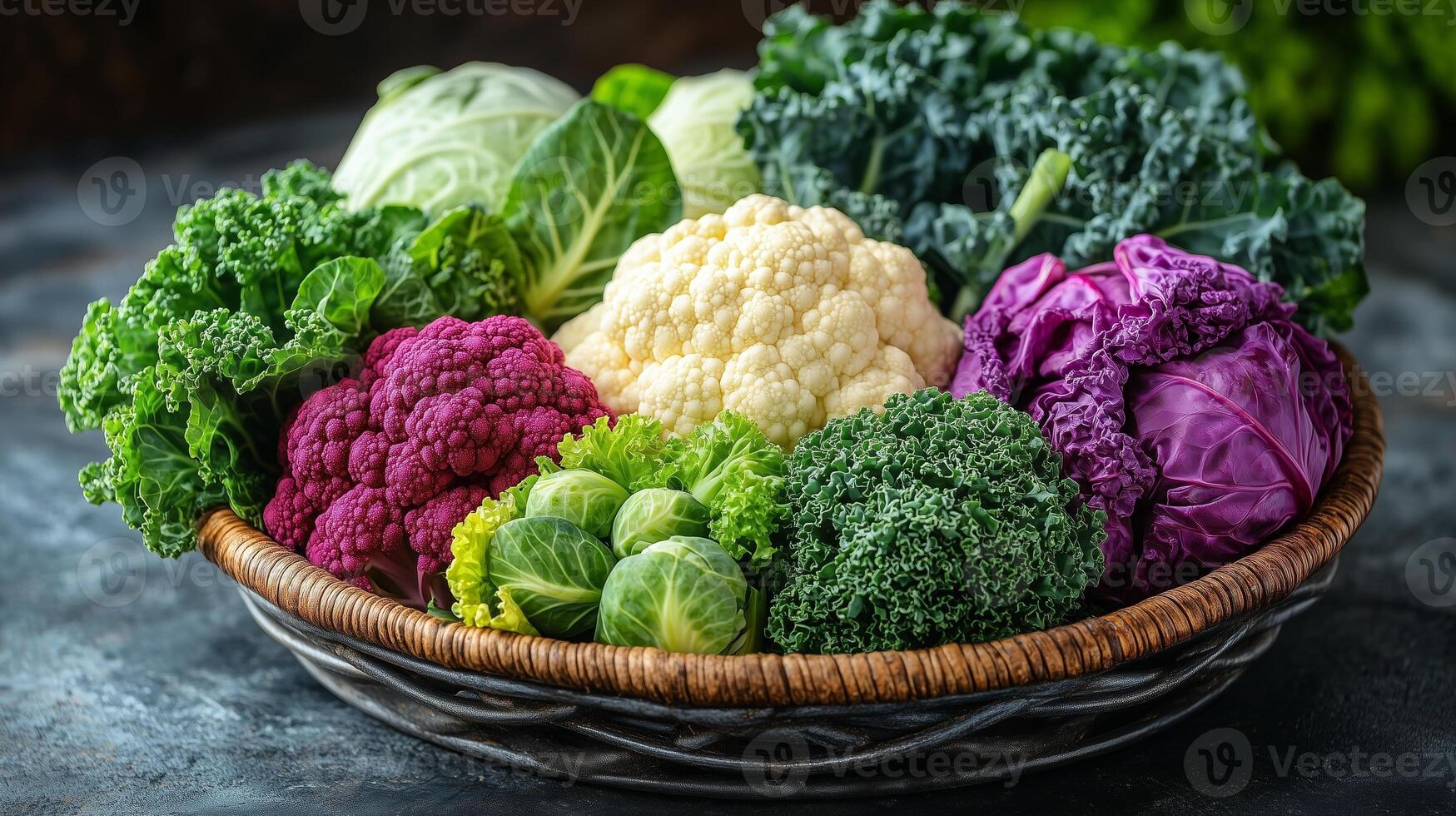 A basket of colorful vegetables is shown on a table photo