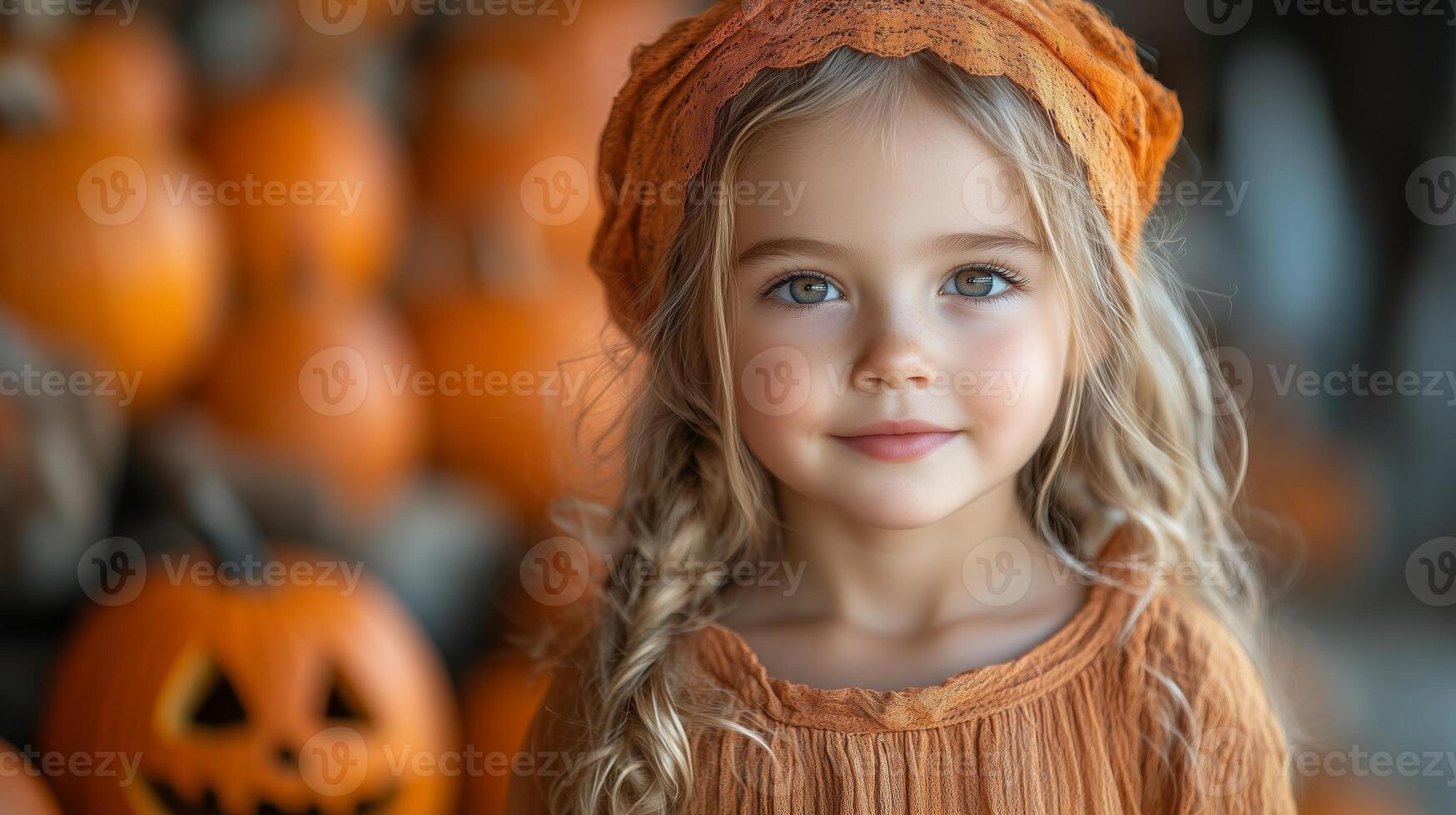 A little girl in a pumpkin costume photo