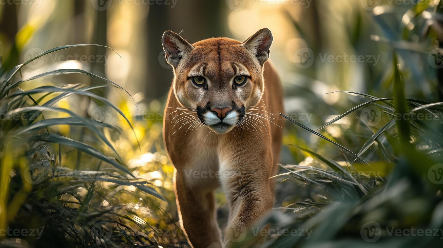 Majestic Florida panther walking through lush forest photo