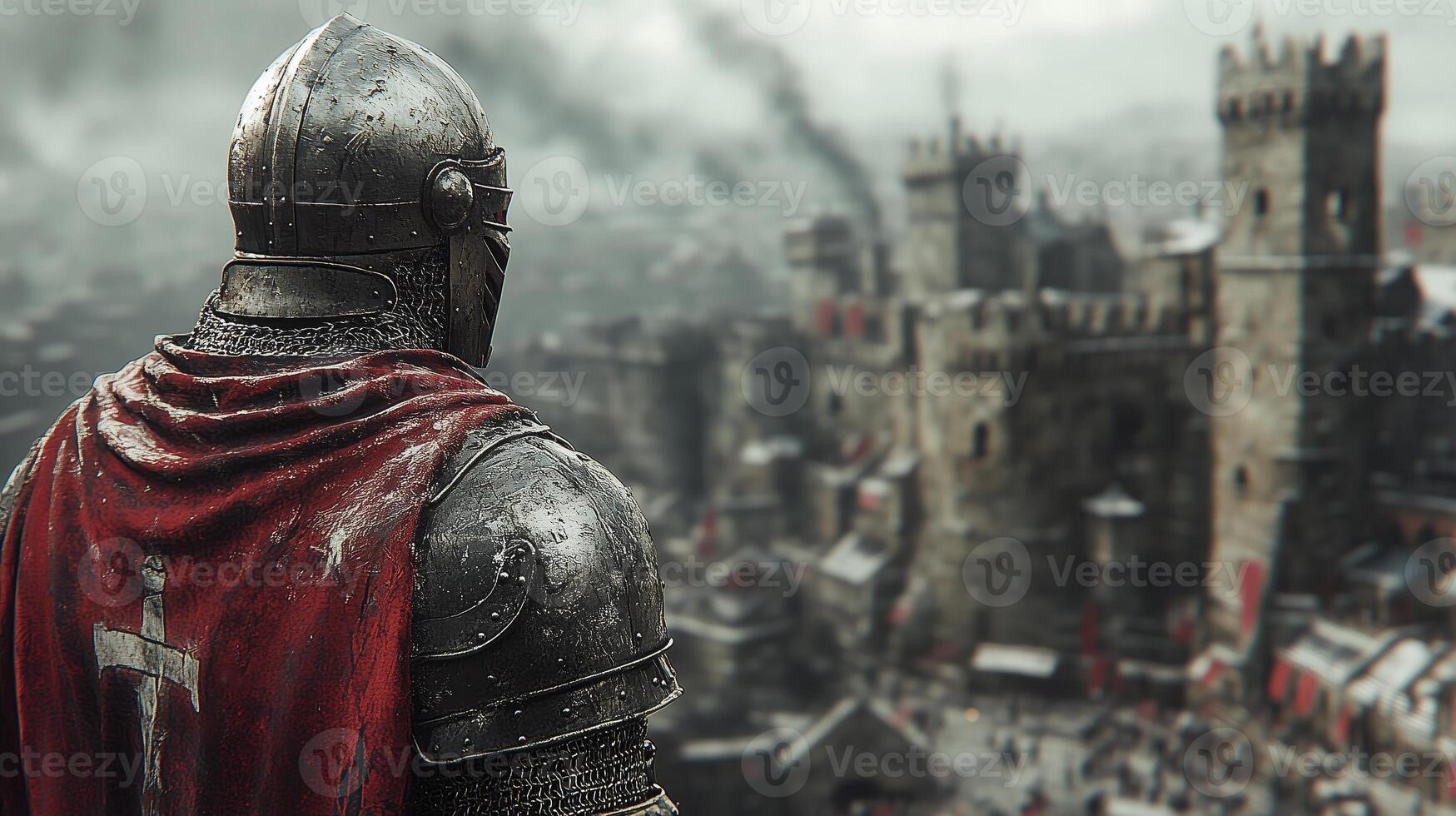 A knight in armor standing in front of a city photo