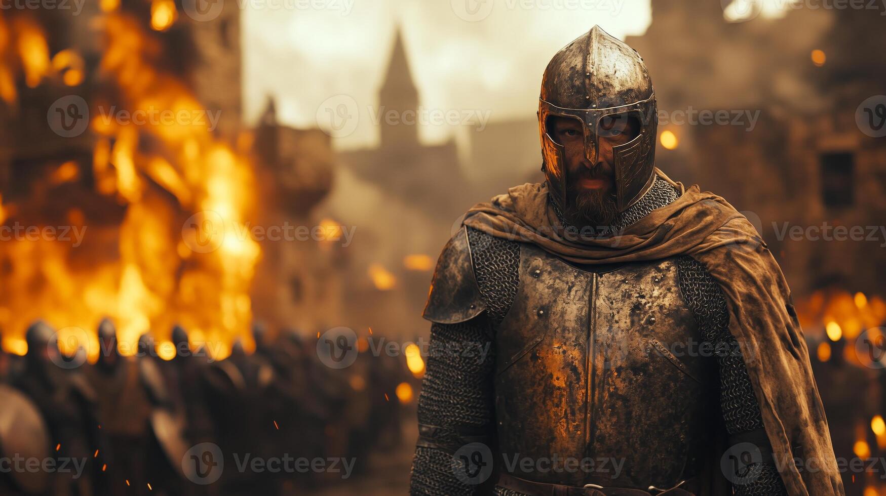 A knight in armor standing in front of a burning building photo
