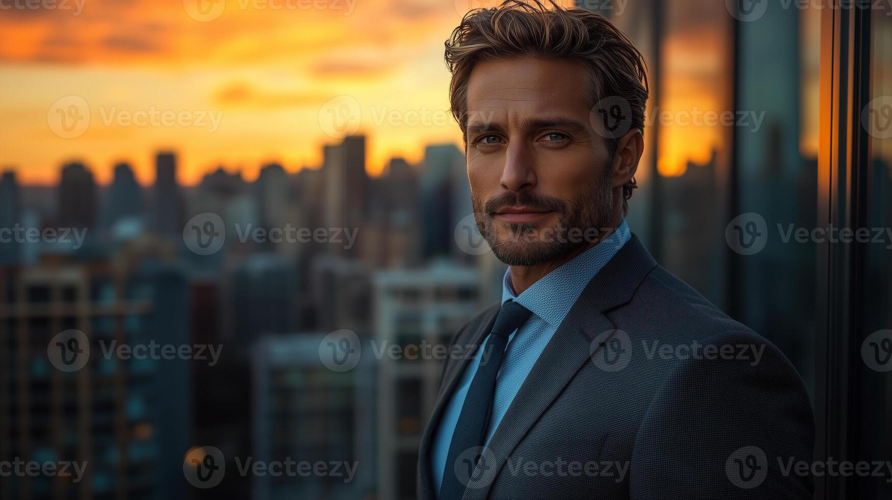 A man in a suit and tie standing in front of a city skyline photo