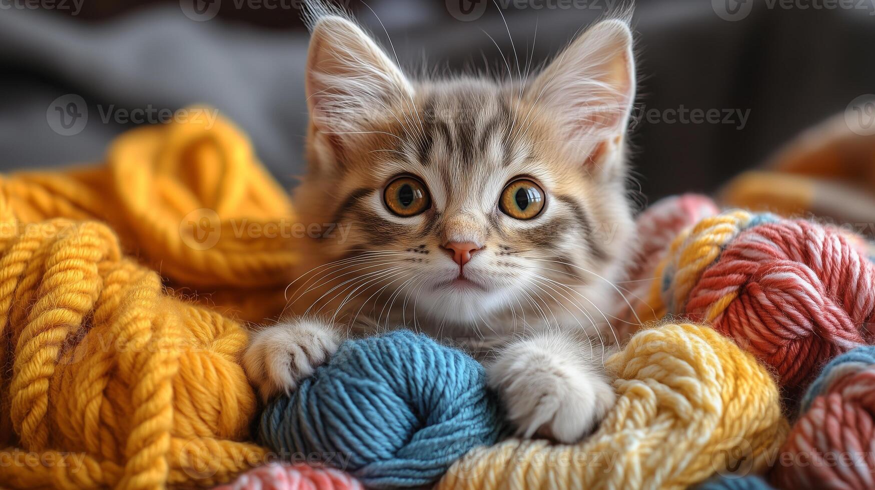 A kitten is sitting on a pile of yarn photo