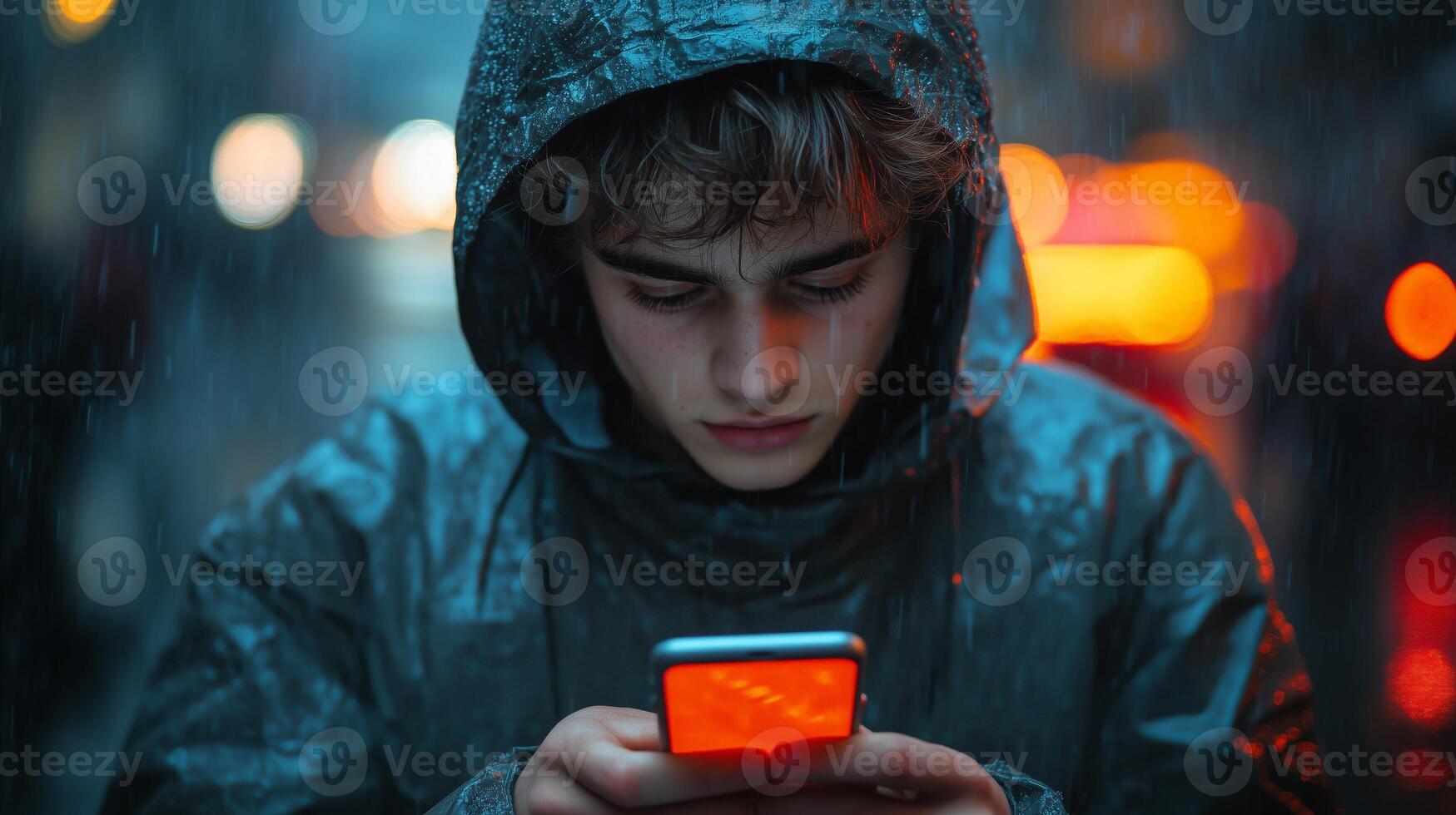 A young man in a hoodie is looking at his phone photo