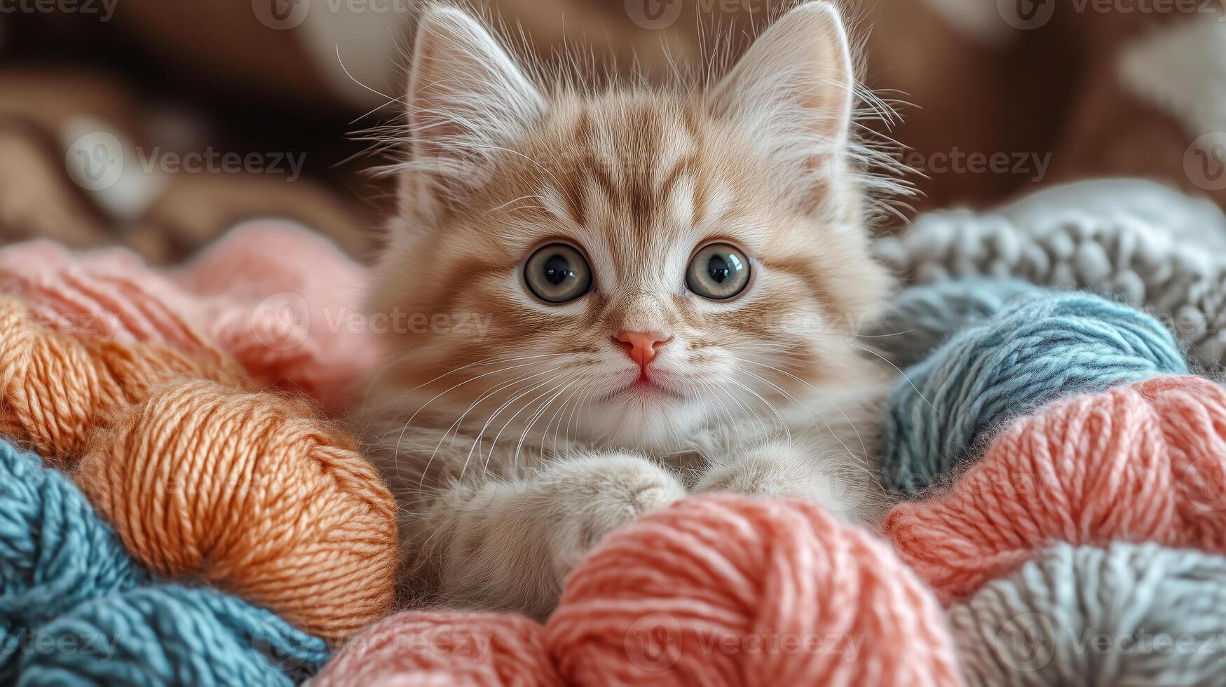 A kitten is sitting on a blanket surrounded by yarn photo