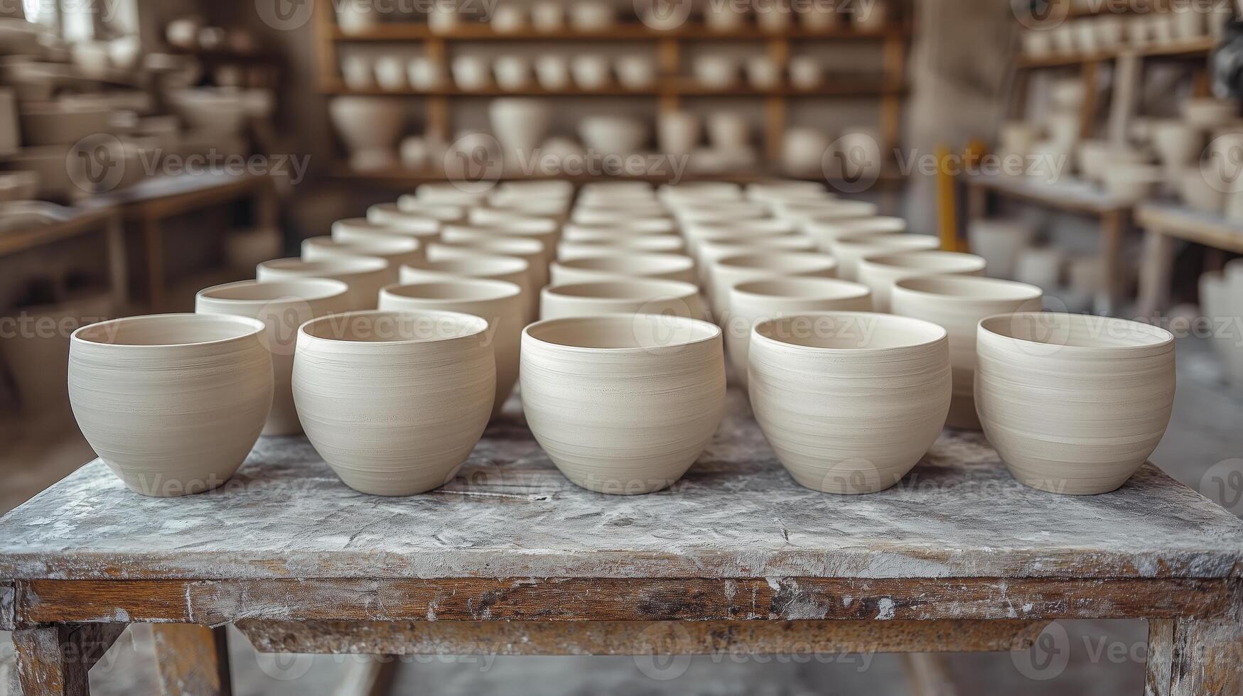 Rows of Unfinished Ceramic Bowls Sit on a Work Table photo