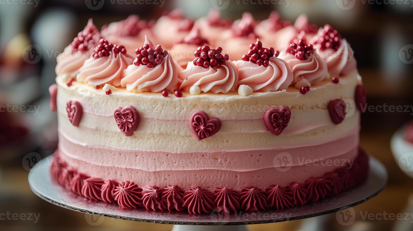A pink and white cake with red frosting photo