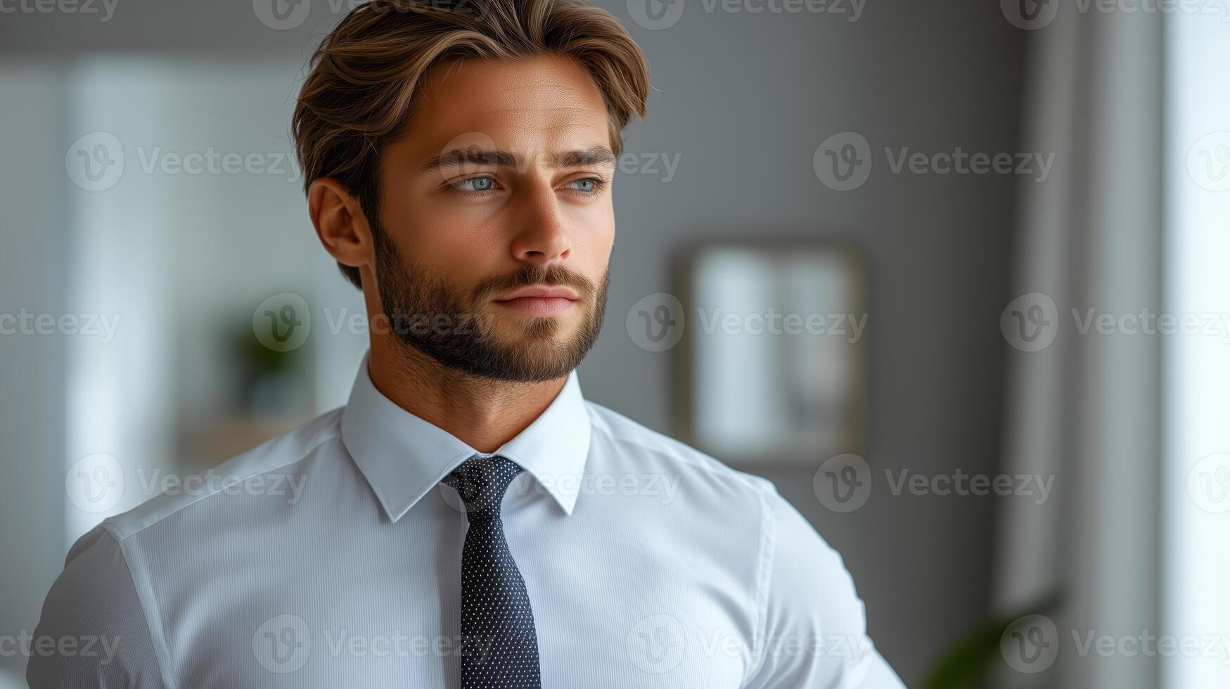 A man in a shirt and tie standing in front of a window photo