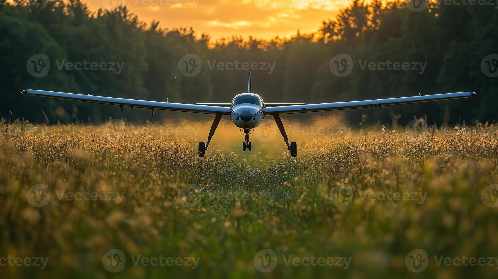 A small airplane is taking off from a field photo