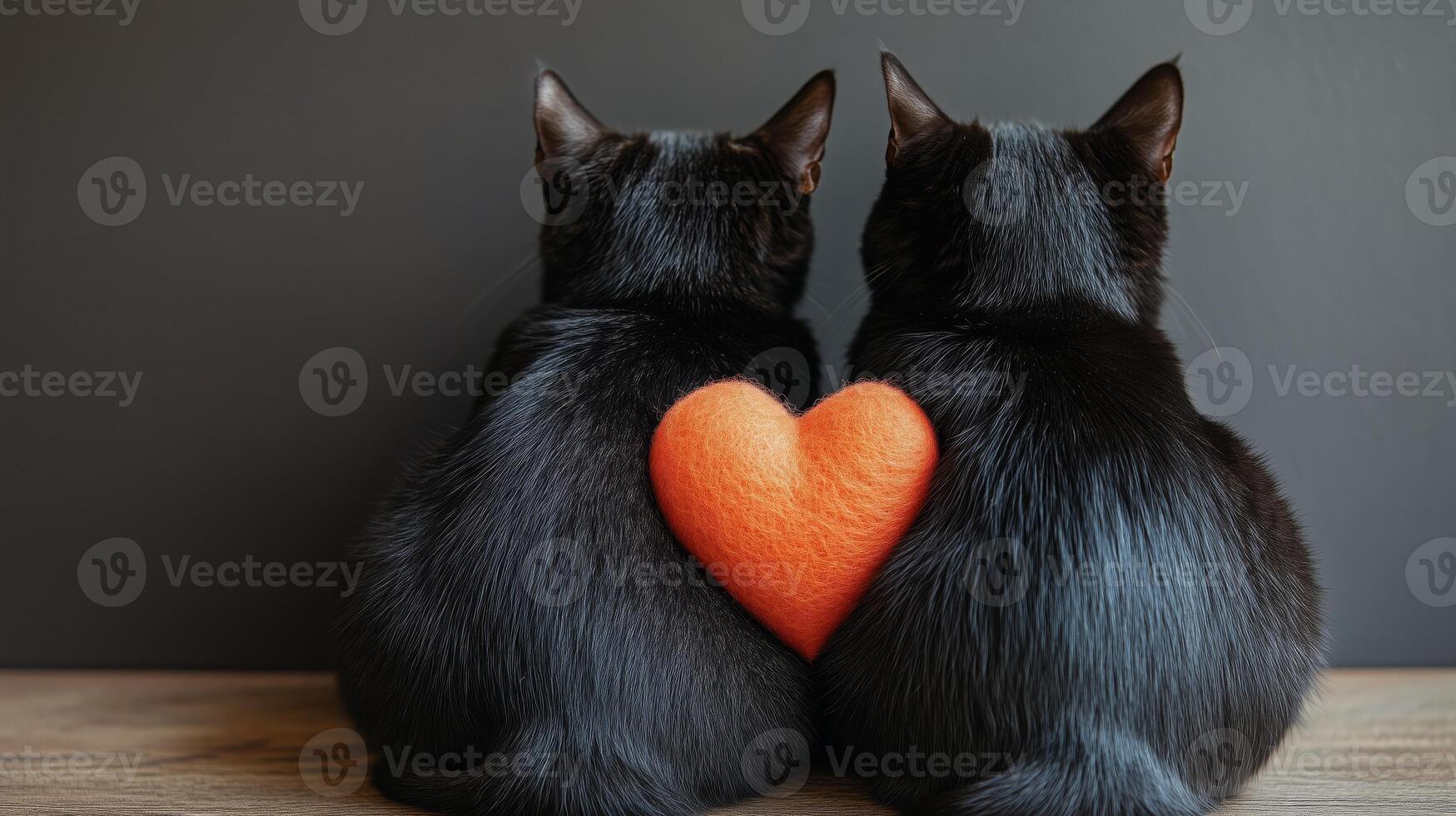 Two black cats sitting on a wooden table with a heart photo